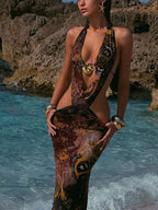 Halter Metal Ring Side Cut Out Abstract Print Maxi Dress