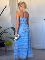 Pointelle Knit Spaghetti Strap Tiered Ruffle Trim Maxi Dress