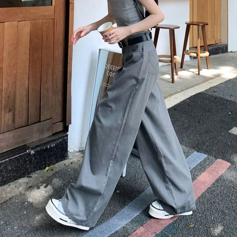 Gray Vintage Suit Pants for Women Oversized Elegant Korean Fashion Slack Classic Trousers Office Ladies Palazzo Loose