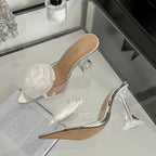 Transparent PVC Women's Fashion Flowers Pointed Toe High Heel Slippers