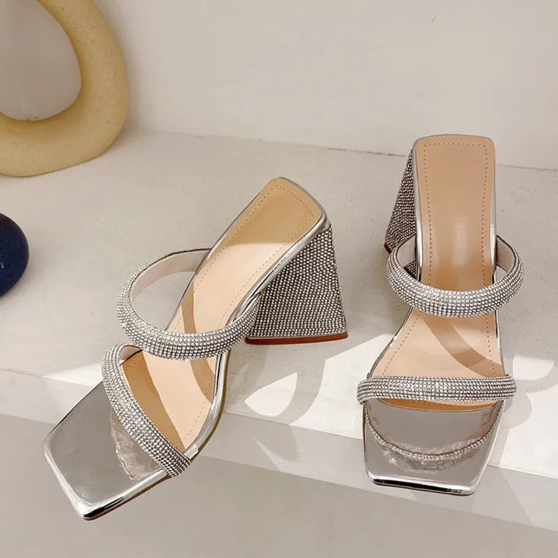 Glitter Rhinestones Triangle Thick Heel Slippers