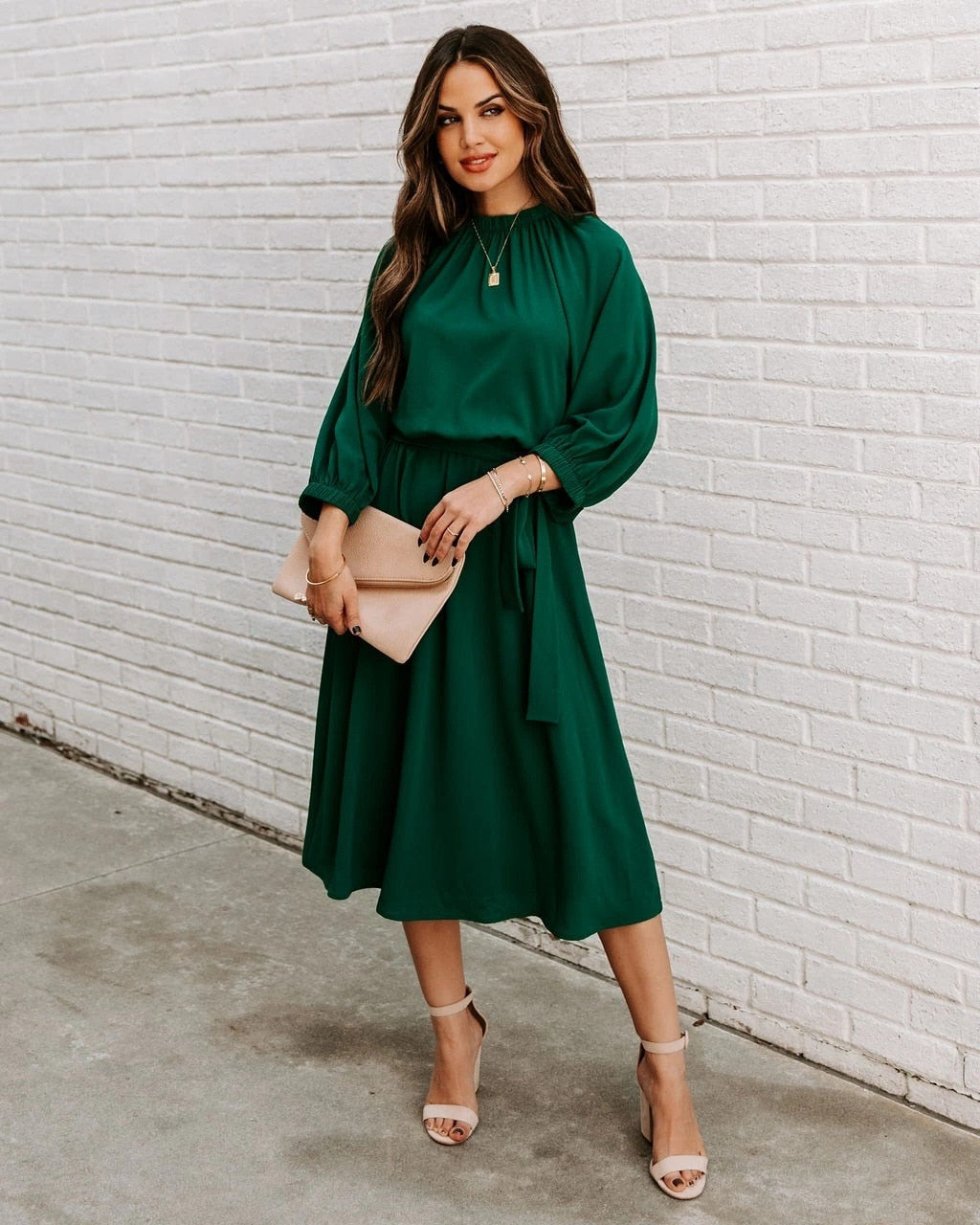 Gathered Mock Neck Lantern Sleeve Tie Waist A-Line Midi Dress
