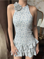 Ditsy Floral Print Halter Neck Smocked Bodice Tiered Ruffle Mini Dress