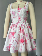 Woman Clothing Sexy Slash Neck Floral Printed Birthday Party Dress Sleeveless High Waist A-line White Short Holiday Dresses 2024