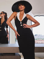 Color Block Notched Lapel Halter Deep V-Neck Maxi Dress