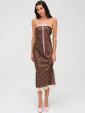 Strapless Polka Dot Lace Trim Ribbon Bow Ruffle Hem Midi Dress