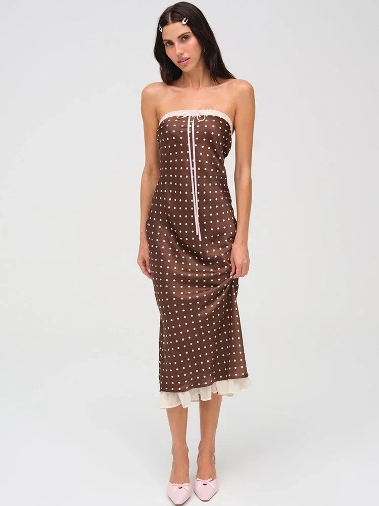Strapless Polka Dot Lace Trim Ribbon Bow Ruffle Hem Midi Dress