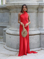 Satin Halter Neck Draped Sash Panel Column Maxi Dress