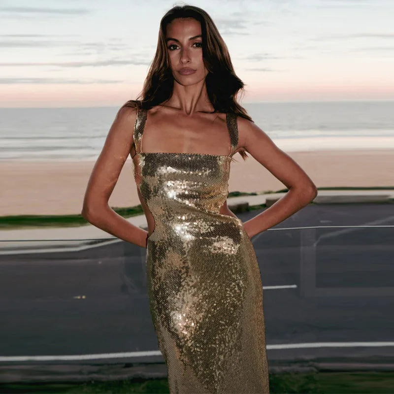 Metallic Sequin Wide Strap Open Back Bodycon Maxi Mini Dress