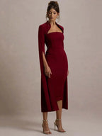 High Neck Cut Out Cape Sleeve Back Slit Bodycon Midi Dress
