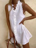 Ruffle Trim V-Neck Scalloped Hem Sleeveless Linen Mini Dress