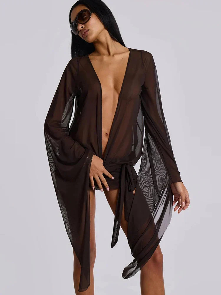 Sheer Mesh Deep V Neck Oversized Bell Sleeve Mini Dress