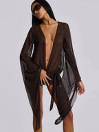 Sheer Mesh Deep V Neck Oversized Bell Sleeve Mini Dress
