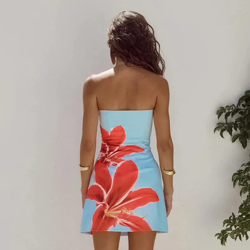 Strapless Tube Hibiscus Floral Print Bodycon Mini Dress