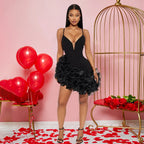 Deep V Neck Mesh Insert 3D Floral Ruffle Asymmetrical Hem Mini Dress