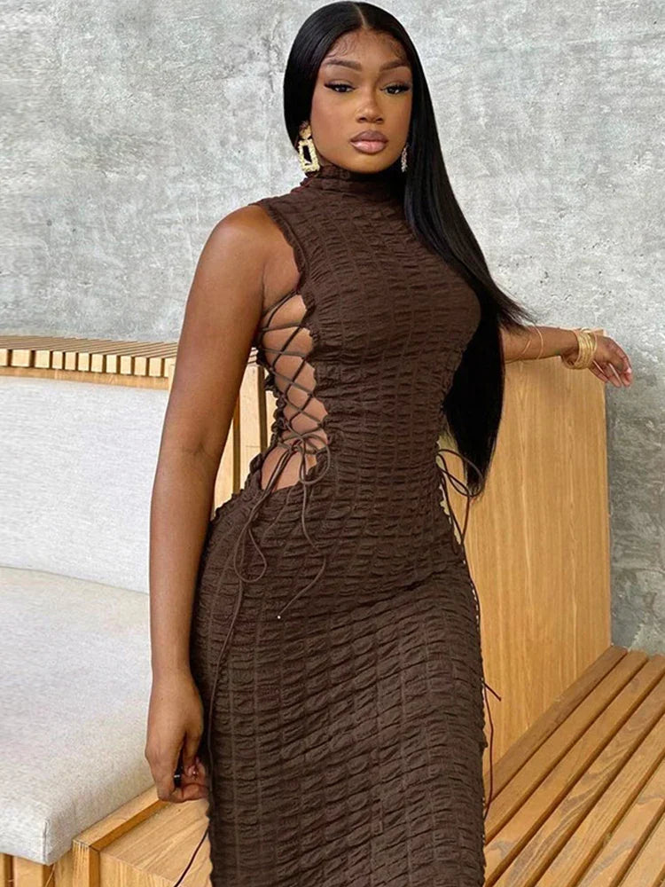 Mock Neck Popcorn Texture Side Lace Up Cut Out Bodycon Midi Dress