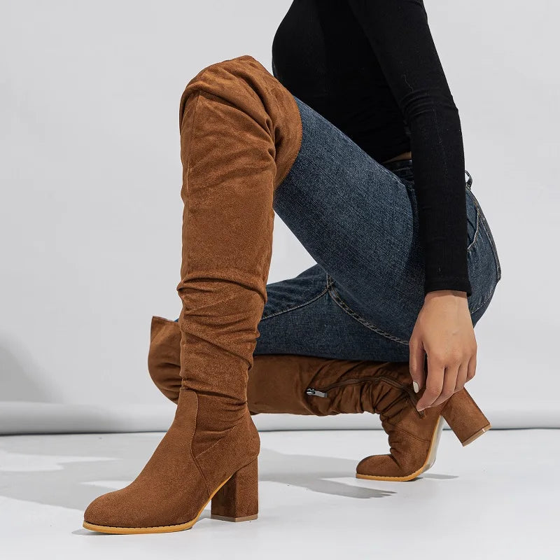 Winter Zipper Women Over-the-Knee Boots Fashion Flock Square Heel Shoes