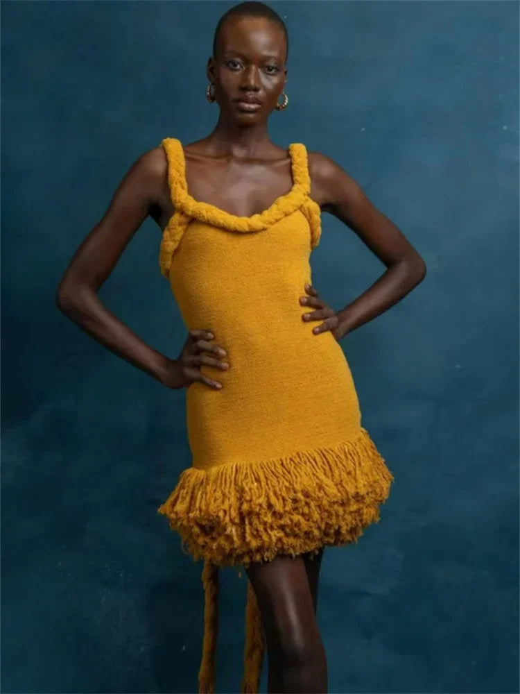 Halter Neck Braided Trim Textured Knit Fringe Hem Mini Dress