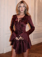 Satin V-Neck Ruffle Tie Front Bell Sleeve Flared Hem Mini Dress