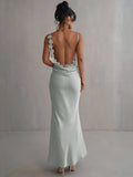 Satin Floral Applique Cowl Back Spaghetti Strap Maxi Gown