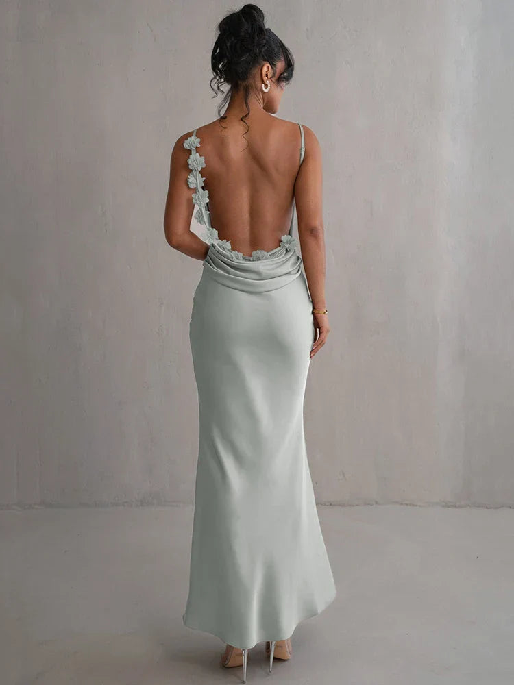 Floral Applique Spaghetti Strap Cowl Back Open Back Maxi Gown