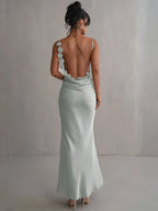 Floral Applique Spaghetti Strap Cowl Back Open Back Maxi Gown