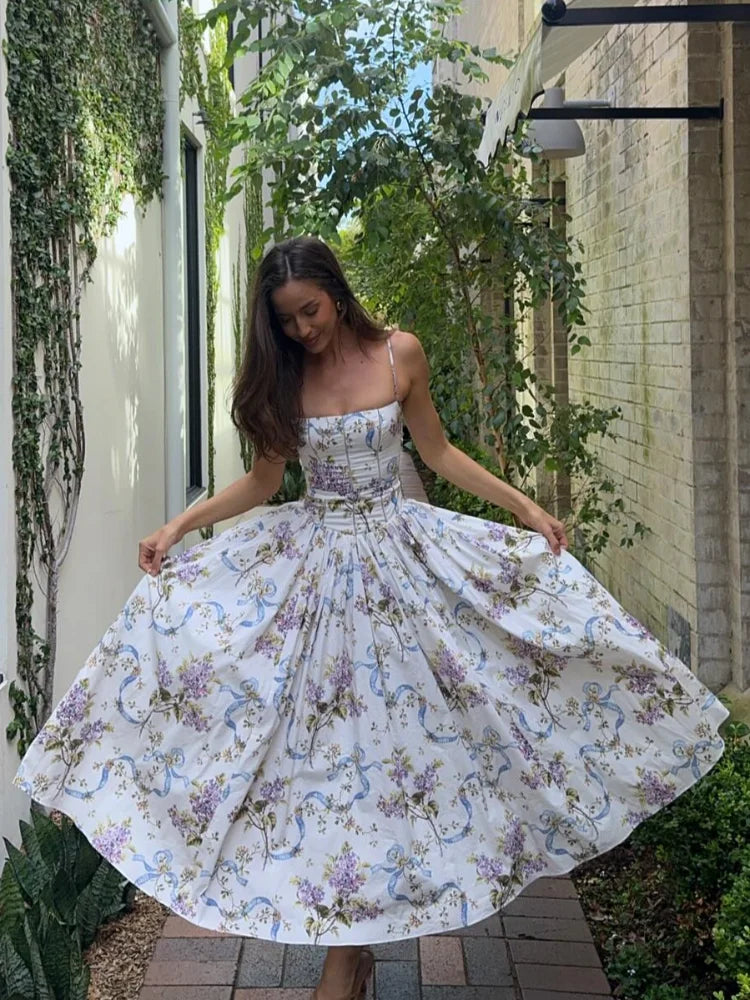 Strapless Corset Bodice Floral Ribbon Print Ball Gown Maxi Dress