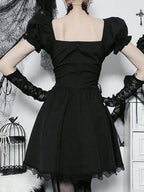 Gothic Lolita Lace Up Corset Embroidery Puff Sleeve Lace Hem Mini Dress
