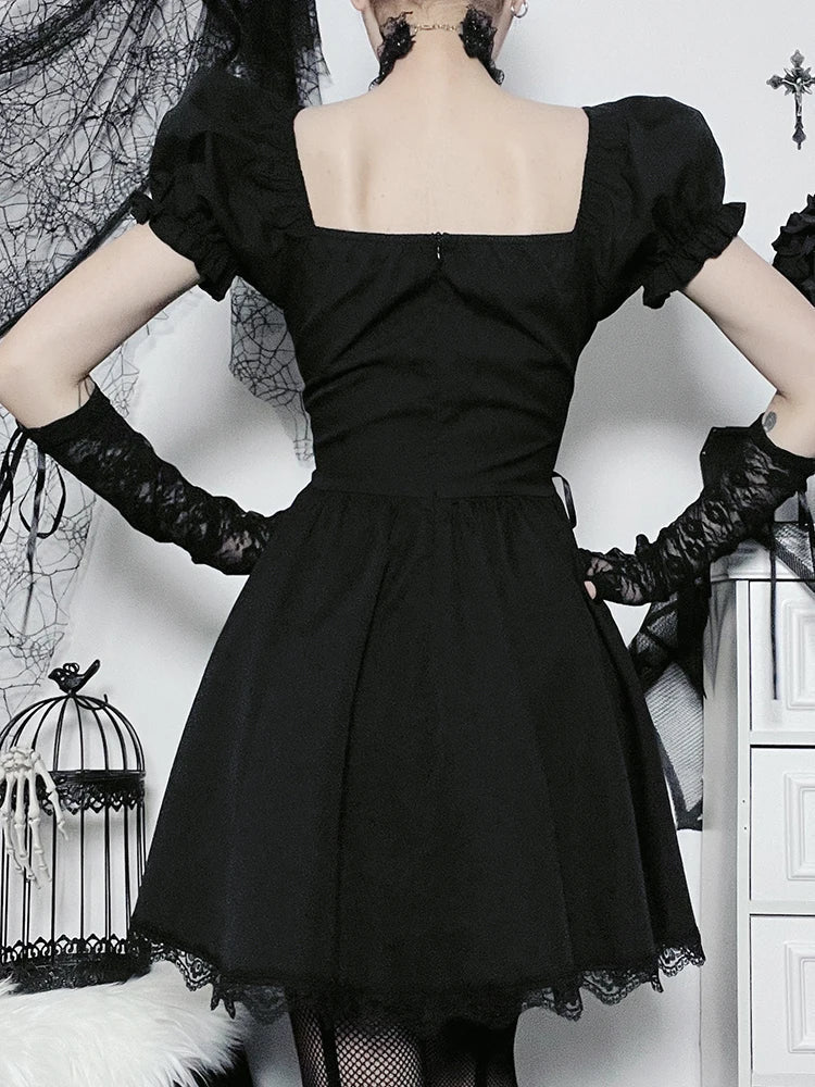 Gothic Lolita Lace Up Corset Embroidery Puff Sleeve Lace Hem Mini Dress