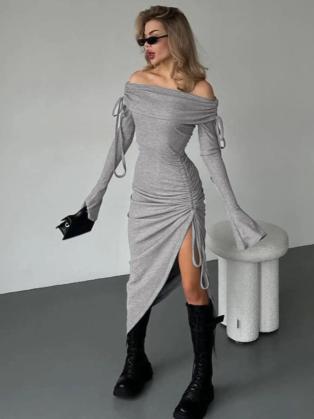 Off Shoulder Long Sleeve Tie Detail Ruched High Slit Bodycon Midi Dress