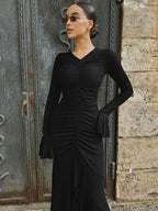 Deep V-Neck Ruched Center Seam Bell Sleeve Lace Trim Front Slit Maxi Dress