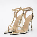 Gold Metal Chain Sandals Women Sexy Pointed Toe Stripper Heels