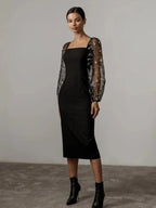 Aurora Aesthetic Evening and Party Dress with Square Neckline and Long Sleeves Statement Occasion Edit