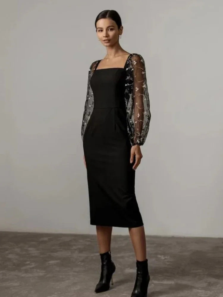 Selena Aesthetic Evening and Party Dress with Square Neckline and Long Sleeves Premium Wardrobe Essential