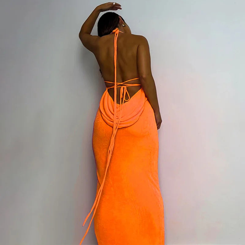 Spaghetti Strap Tie Shoulder Cowl Back Shimmer Mermaid Maxi Dress