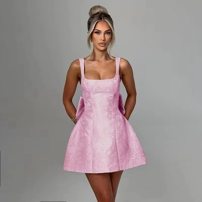 Off Shoulder Oversized Bow Jacquard Fit and Flare Mini Dress