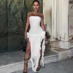 Strapless Tube Rosette Hip Detail Ruffle Tier High Split Midi Dress