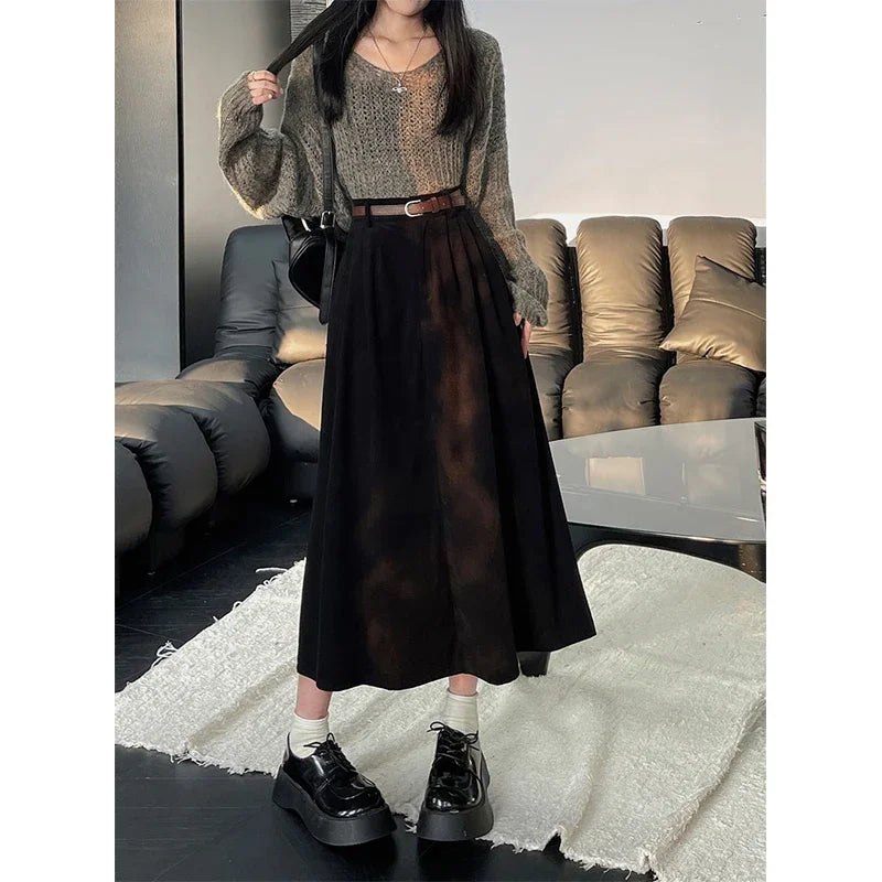 AmyVictoria | Classic Belt Corduroy Midi Skirt