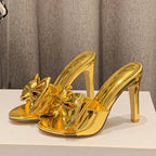 Gold Silver Pointed Toe Women Slippers with Butterfly-knot Thin High Heels