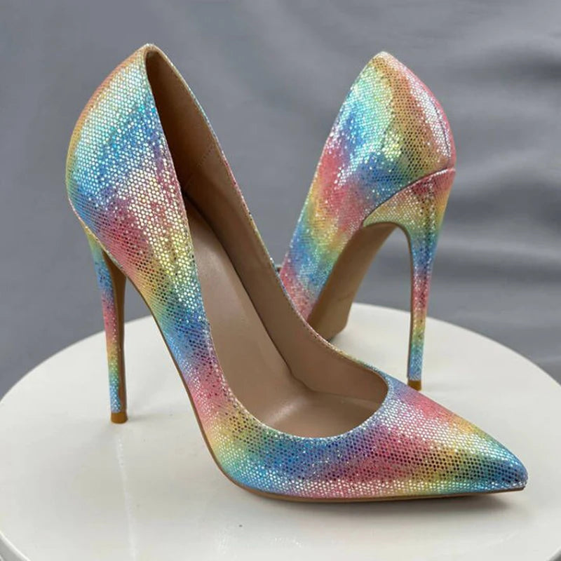 Colorful Rainbow Stiletto Pumps Women Sexy Pointed Toe 12cm High Heels