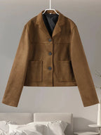 Retro Suede Female Blazer Jacket Chic Lapel Single Breasted Long Sleeve Lady Short Coat Autumn Winter Pockets Lady Outwear