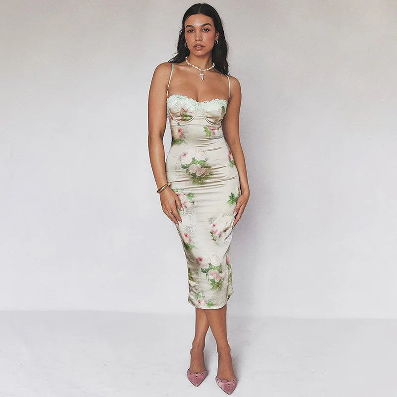 Sweetheart Lace Trim Spaghetti Strap Floral Print Satin Bodycon Midi Dress