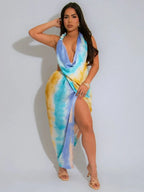 Tie Dye Halter Neck Cowl Drape High Split Asymmetric Hem Satin Midi Dress