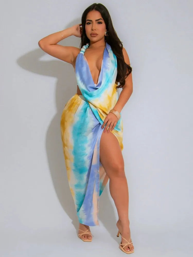 Tie Dye Halter Neck Cowl Drape High Split Asymmetric Hem Satin Midi Dress