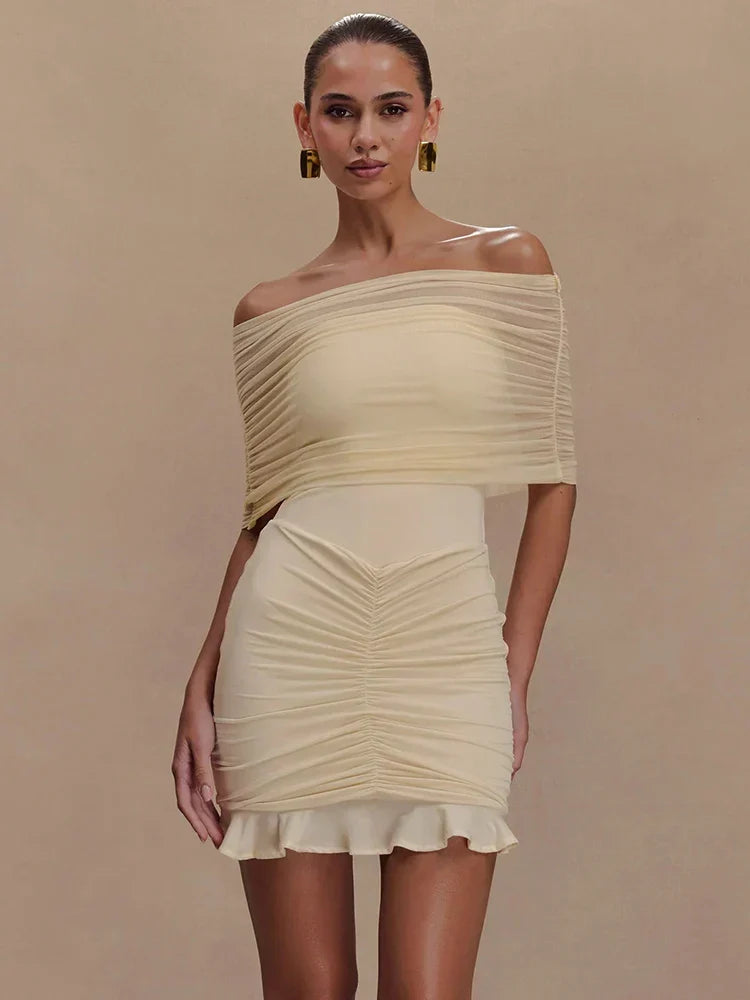 Off Shoulder Mesh Ruched Overlay Ruffle Hem Bodycon Mini Dress