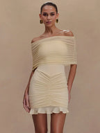 Off Shoulder Mesh Ruched Overlay Ruffle Hem Bodycon Mini Dress
