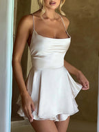 Satin Cowl Neck Tie Back Romper Mini Dress