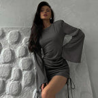 Crew Neck Flare Sleeve Side Drawstring Ruched Ribbed Knit Mini Dress