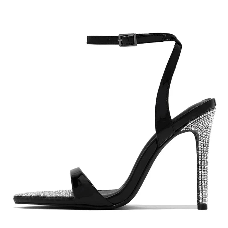 Elegant Silver Crystal Pointed Toe Rhinestone High Heels with Ankle Strap for Women