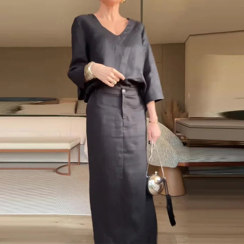 Two Piece Set Women Blouse Skirt Suit Solid Colour
